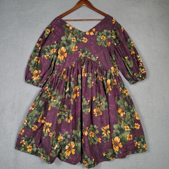 Merlette Dress Women's Medium Purple Floral Print V-Neck Swing Flowy Trapeze - Picture 12 of 12